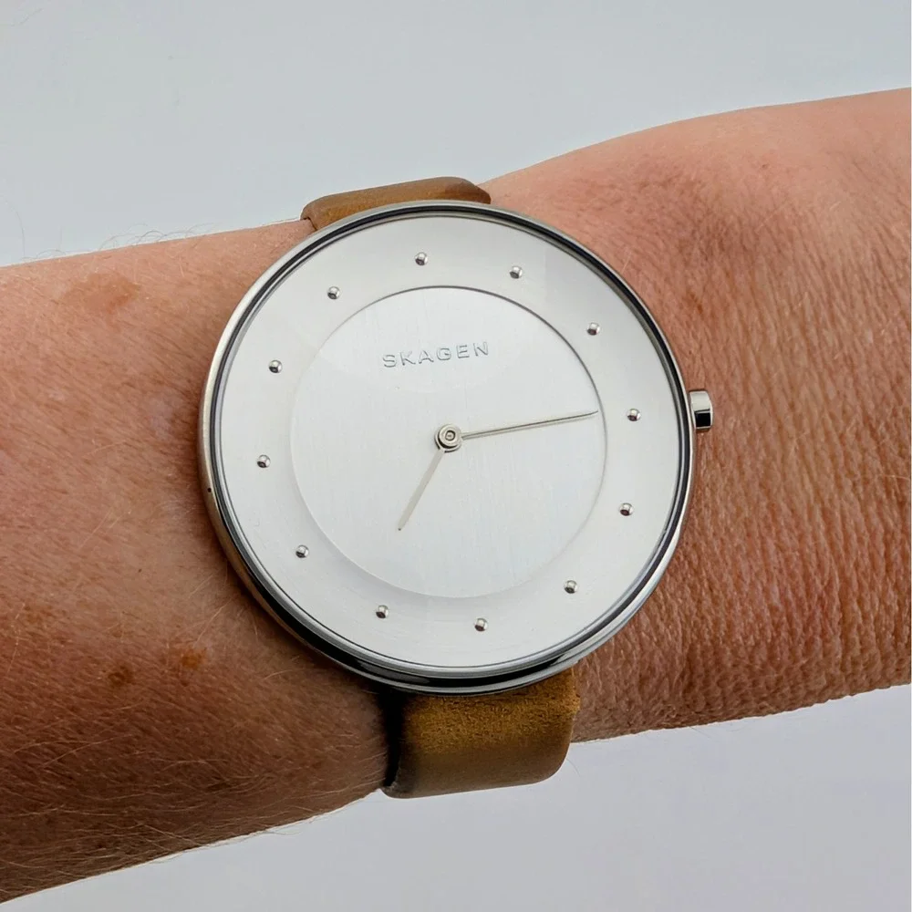 Skagen Gitte SKW2326 Women's Minimalist Silver Dial Brown Leather Watch 38mm
